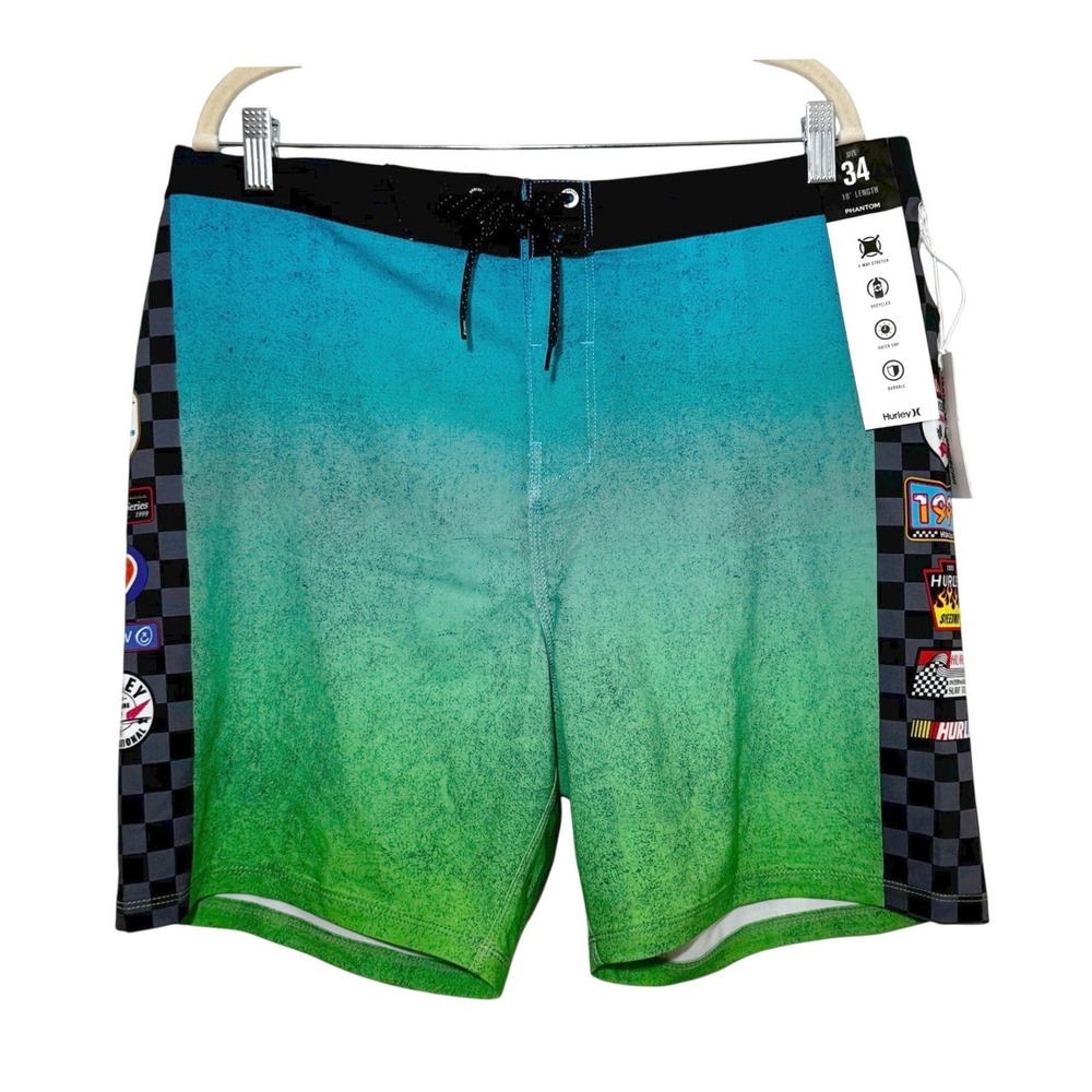 Hurley NASCAR Phantom Board Shorts Green Checkered Men 34 New Racing Surf Collab